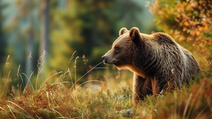 A brown bear in a forest meadow during autumn