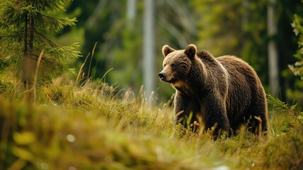 A brown bear in a forest clearing