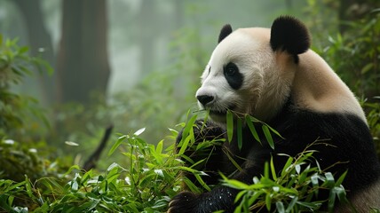 A giant panda munching bamboo in a misty forest
