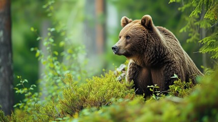 Obraz premium A brown bear peeks through green foliage in the forest