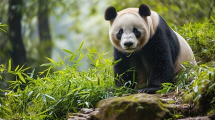 Giant panda sitting among bamboo foliage