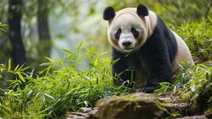Fototapeten Giant panda sitting among bamboo foliage © Artyom