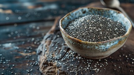 A bowl of chia seeds on rustic wood