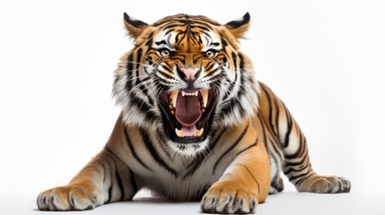 Aggressive, baring fangs, tiger isolated on a white background isolated on white background,. Created using Generative AI Technology