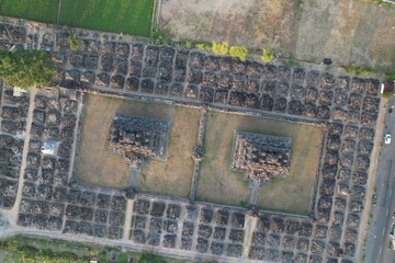 aerial view of Candi Plaosan in near candi Prambanan. Plaosan Temple is a Buddhist temple left by Rakai Pikatan from the Hindu Mataram kingdom, is estimated to have been built in the 9th century AD