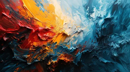 Fotobehang Abstract background of oil paint splashes in red, blue and yellow colors © zenith