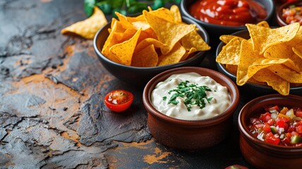 Nachos with various dips on a dark textured surface
