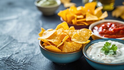 Tortilla chips in a blue bowl with dips on a dark slate