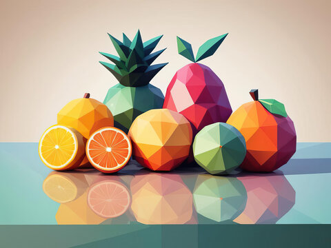 Vibrant Fruit Arrangement - a colorful and abstract still life of fruits in a cubist low-poly polygonal art style Gen AI