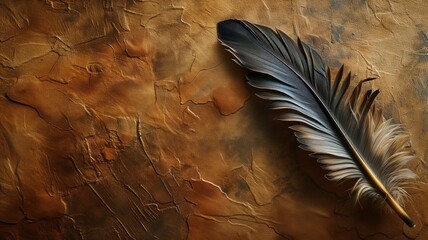 Elegant feather on a cracked brown surface