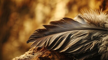 Close-up of a bird's feather with a golden background