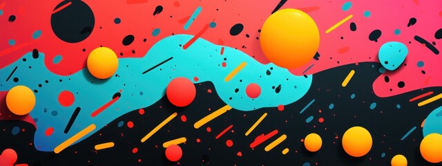 A retro '90s-inspired abstract with playful splatters and spheres, mixing neon hues and dark contrasts. Suitable for trendy designs and thematic visuals. - obrazy, fototapety, plakaty