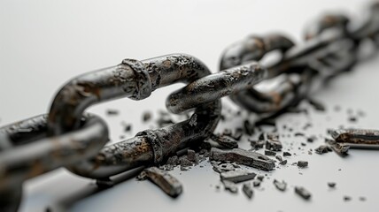 Close-up of a broken chain with scattered pieces