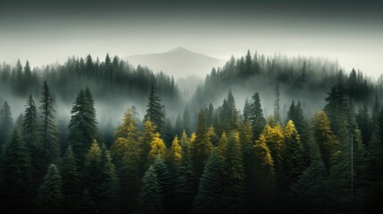 Landscape of mist-covered woods with towering trees, overhead view of foggy woods with pine trees in the mountains in deep green shades