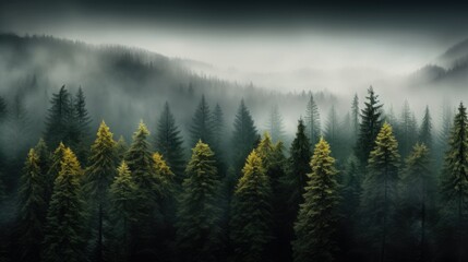 Sight of mist-laden woods with towering trees, panoramic aerial scene of foggy woodland with pine...