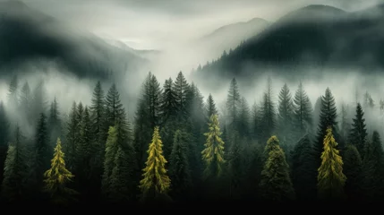 Foto auf Leinwand View of fog-wrapped woodland with tall trees, bird's-eye shot of foggy forest with pine trees in the mountains in dark green tones © artestdrawing
