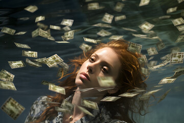 Girl swimming in money, swim in money, money, swimming, money world, swim