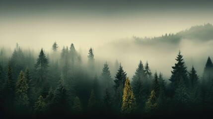 Display of fog-blanketed forest with towering trees, panoramic scene of misty woods with pine trees in the mountains in deep green shades