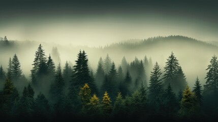 Overview of mist-draped woods with tall trees, bird's-eye view of foggy woodland with pine trees in the mountains in dark green tones
