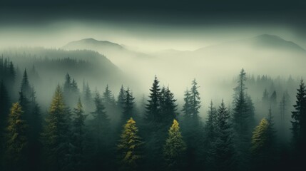 Scenery of thick fog enveloping a woodland with tall trees, aerial view of foggy forest with pine trees in the mountains in dark green tones