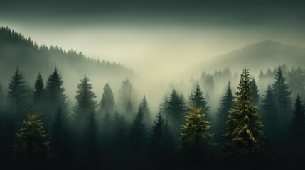 Obraz premium Landscape of mist-covered woods with towering trees, overhead perspective of foggy woods with pine trees in the mountains in deep green shades