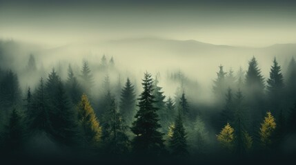 View of fog-wrapped woodland with tall trees, bird's-eye shot of foggy forest with pine trees in the mountains in dark green tones