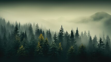 Observation of fog-enveloped forest with tall trees, overhead display of misty woods with pine trees in the mountains in dark green tones