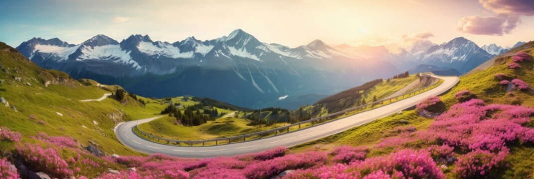 Amazing nature landscape and winding road on the mountain pass. Blossoming rhododendron flowers on the hills with Giau pass at sunset, Dolomites, Italy, Europe