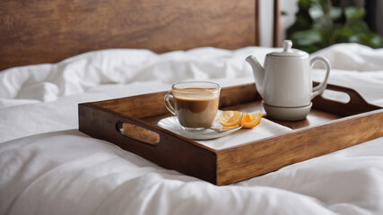 Fototapeta na wymiar a breakfast tray with white coffee set on room background