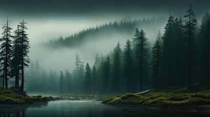 Glimpse of the river coursing through a mist-covered woodland with tall trees. Mystical sight of the river within the misty forest