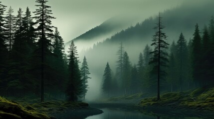 Observation of the watercourse in the midst of a fog-draped woodland with towering trees. Mysterious scene of the river in the misty forest