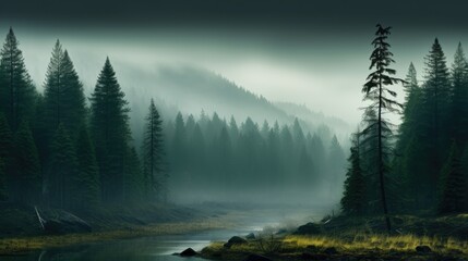 Fototapeta na wymiar Display of the river in the midst of a fog-blanketed forest with tall trees. Enchanting view of the river with misty woodland surroundings