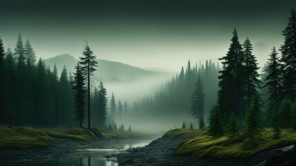 Landscape of the river flowing through a misty forest with tall trees. Otherworldly sight of the river in the misty woodland - obrazy, fototapety, plakaty