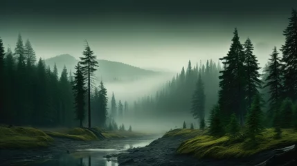 Foto auf Alu-Dibond Landscape of the river flowing through a misty forest with tall trees. Otherworldly sight of the river in the misty woodland © artestdrawing