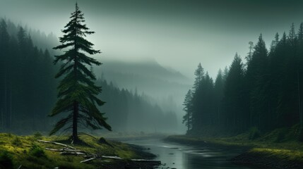 Sight of the river winding through a dense fog-covered forest with tall trees. Enchanting view of the river with misty woodland surroundings
