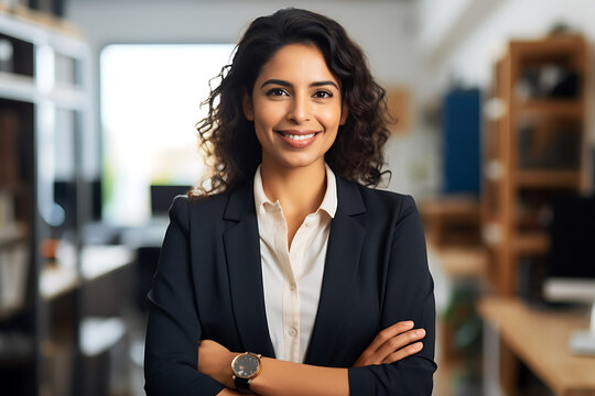Portrait of successful business beautiful woman inside office, standing with arms crossed 
