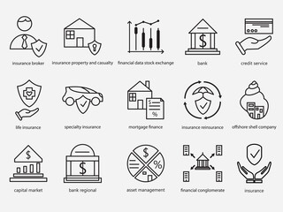 set of financial industry sector outline icon.creative icon : banking ,insurance,capital market ,credit and corporate