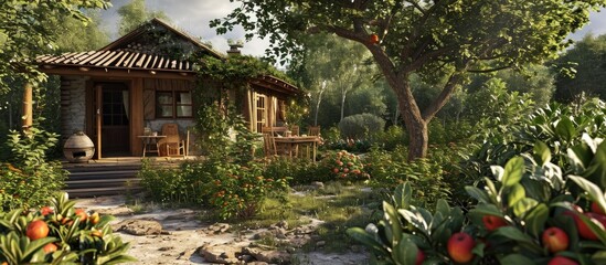 Rural summer house with orchard, garden, and bread oven.