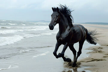 A black horse running on a beach