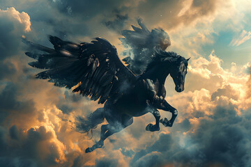 A fantastical scene with a black horse adorned with majestic wings, soaring through a dreamlike landscape with clouds and celestial elements - Powered by Adobe