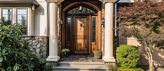Fototapeta na wymiar Elegant wood grain front door on house with portico entrance.