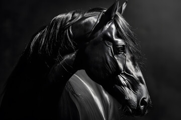 A sophisticated and artistic image featuring a black horse in monochrome, emphasizing the sleek lines and beauty of the animal
