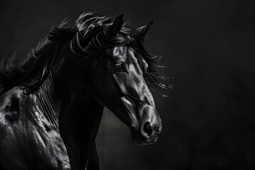 A sophisticated and artistic image featuring a black horse in monochrome, emphasizing the sleek lines and beauty of the animal