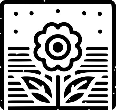 Black and White Line Art Illustration of Simple Flower Logo in Rectangular Frame
