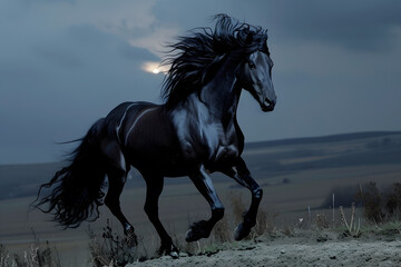 
An image of a powerful black horse galloping freely under a moonlit sky, with a mane and tail flowing in the wind