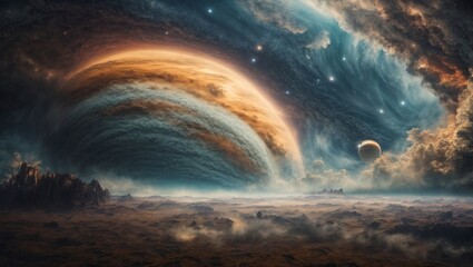  a gas giant with swirling storms, massive atmospheric phenomena, and floating islands suspended in the upper layers of the atmosphere Generative AI - obrazy, fototapety, plakaty