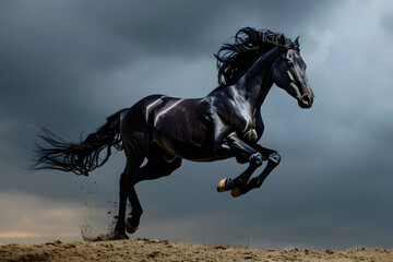 Fototapeta premium An image of a powerful black horse galloping freely under a moonlit sky, with a mane and tail flowing in the wind