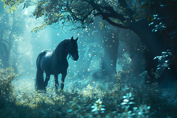 An image of a black horse standing gracefully in a mystical and enchanted forest, surrounded by magical elements like glowing fireflies and ethereal foliage