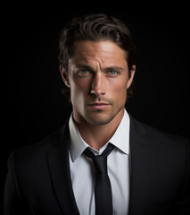 Handsome man in his late 30s tanned skin on black background.
