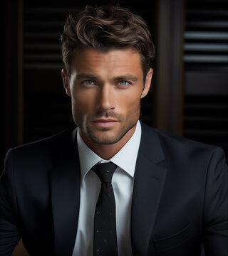 Handsome man in his late 30s tanned skin on black background.
